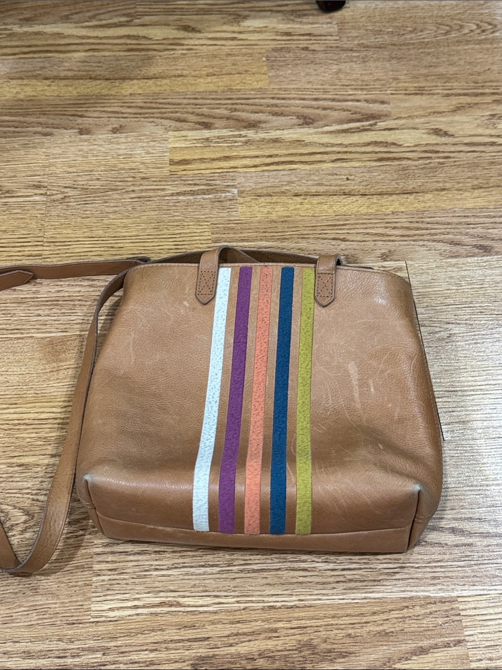 Madewell Small Transport Striped Tote Crossbody Bag in a brown leather colorway - Picture 2 of 8